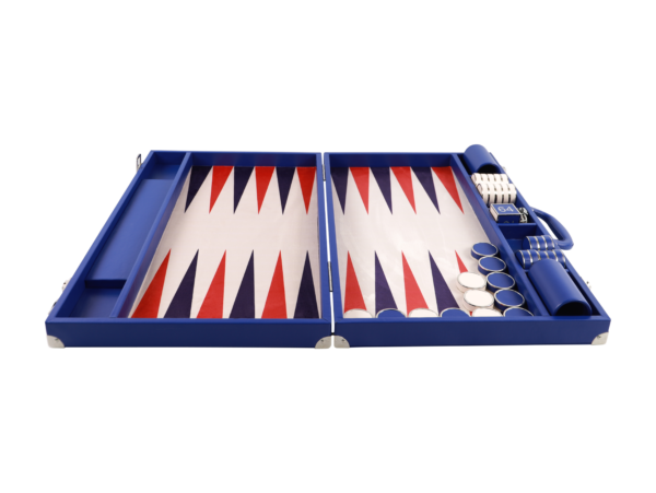 Georgia Blue - Luxury Backgammon Set, Tournament Size , Blue and White leather Checker with Metal Rings. Including Checkers, Doubling Cube, 4 Precision Dice, 2 Cups - Image 5
