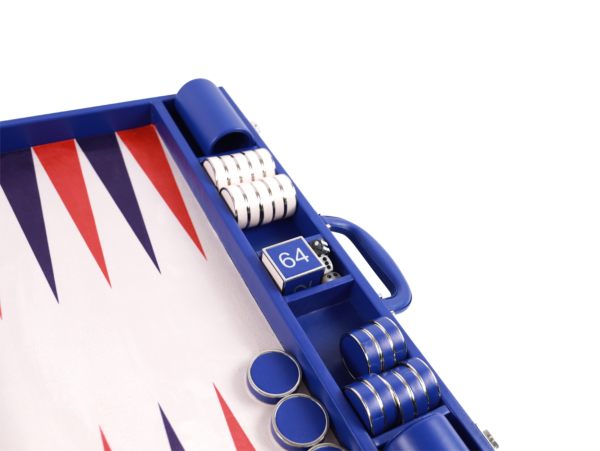 Georgia Blue - Luxury Backgammon Set, Tournament Size , Blue and White leather Checker with Metal Rings. Including Checkers, Doubling Cube, 4 Precision Dice, 2 Cups - Image 2